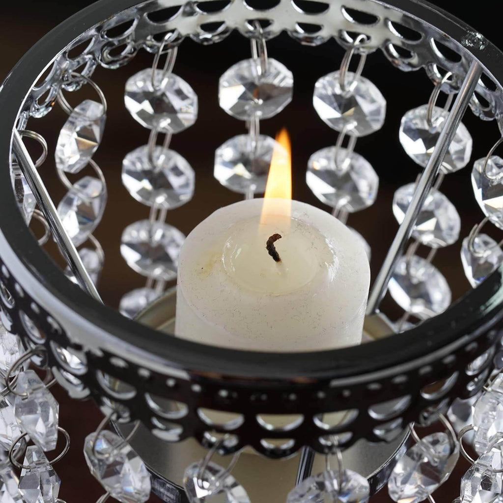 Crystal Beaded Chandelier Metal Candle Holder Silver - Stylish Tealight Stand for Decor 8"