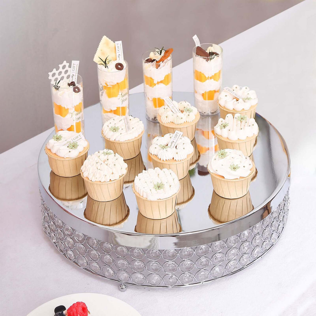 Metal Cake Stand Pedestal Crystal Beaded Design Silver - Cupcake Display and Dessert Riser 16"