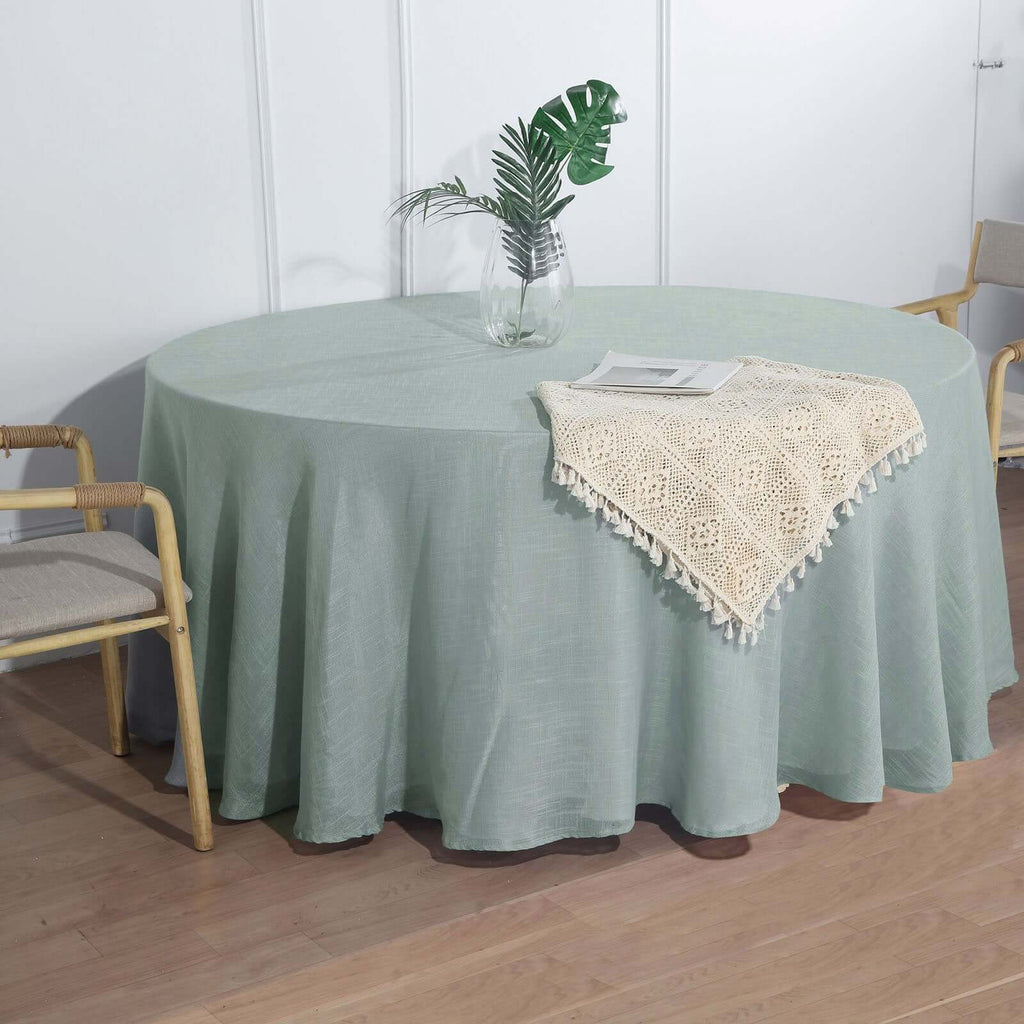 Faux Linen 120" Round Tablecloth Dusty Blue - Slubby Texture Wrinkle-Resistant Seamless Table Cover
