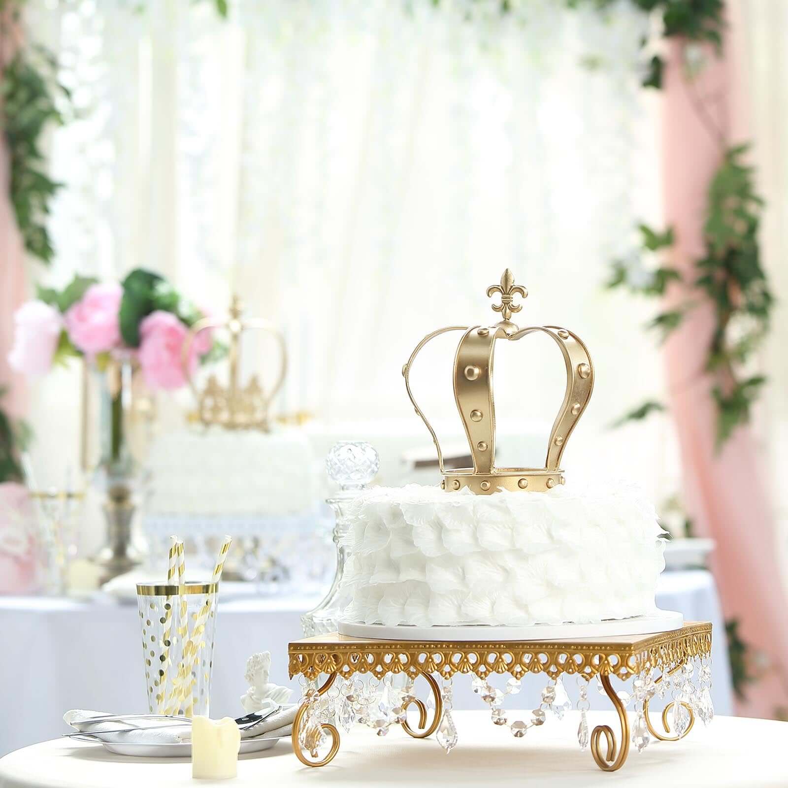 Metal Royal Crown Cake Topper 8" Gold Fleur-De-Lis Top - Refined Cake Centerpiece Decoration for Upscale & Royal-Themed Events