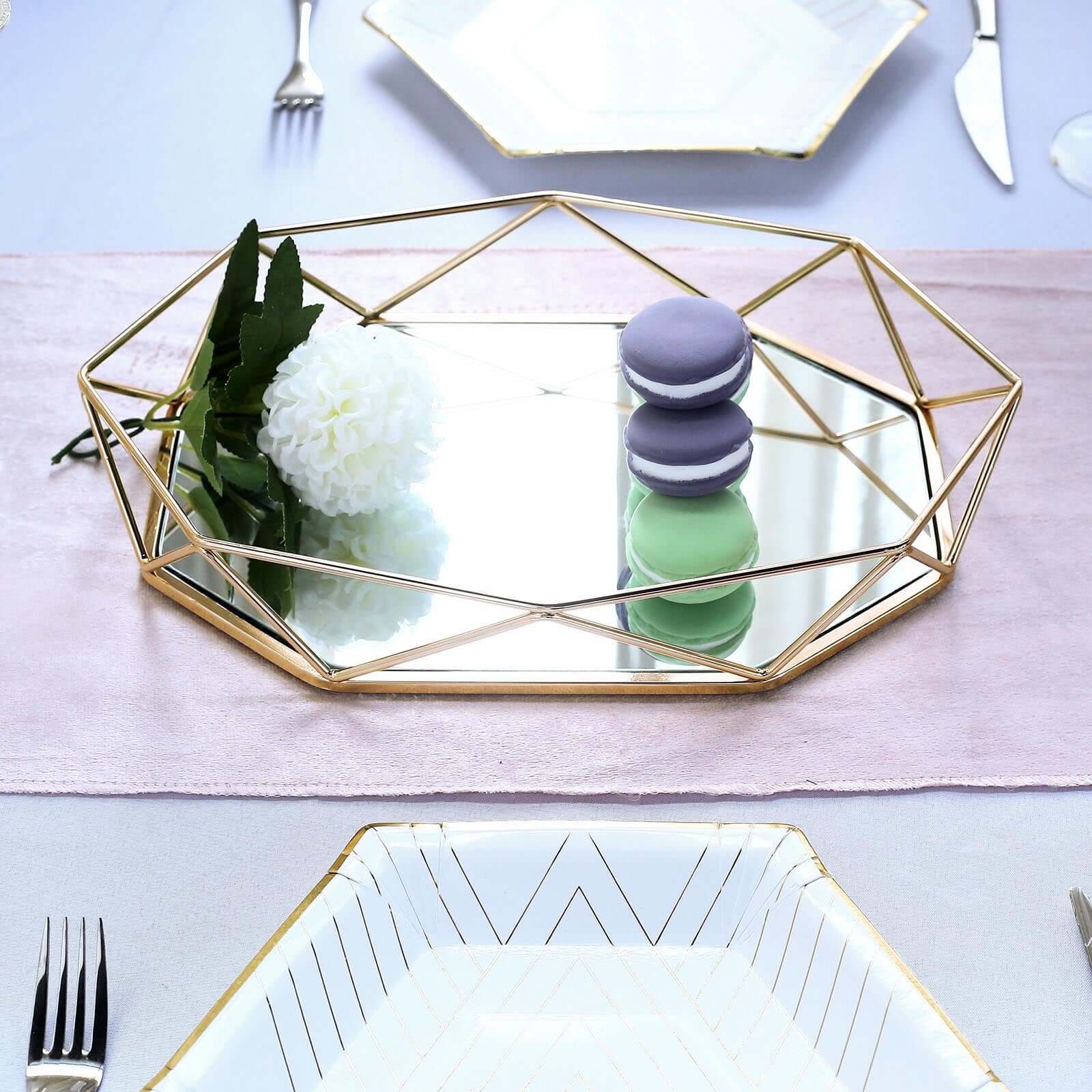 Metal Octagon Serving Tray 14"x9" in Gold with Mirrored Top, Sleek Decorative Vanity Tray Centerpiece