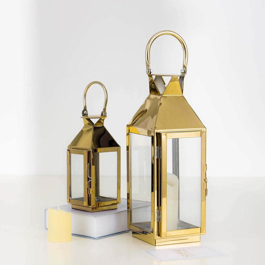 Stainless Steel Candle Lantern Crown Top Design Gold - Outdoor Metal Patio Lantern Centerpiece 14"