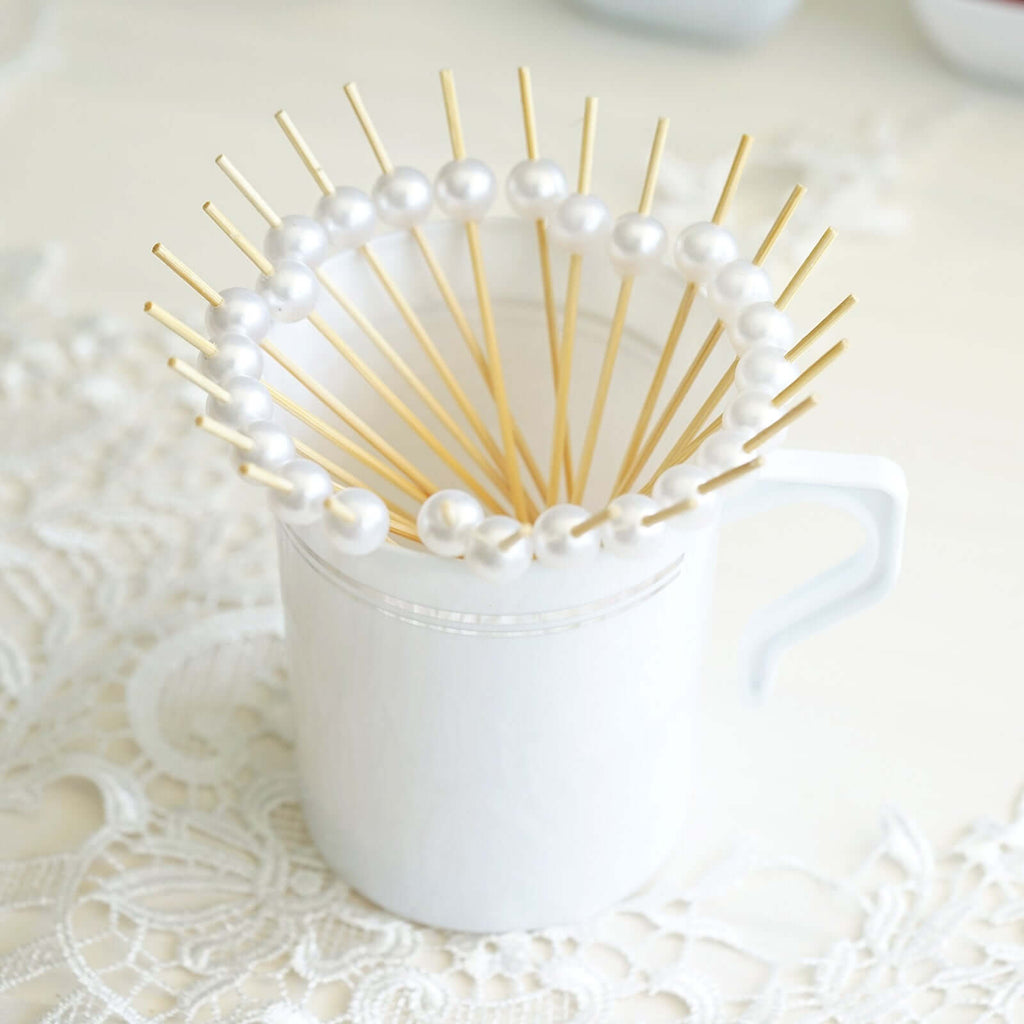 100-Pack Bamboo Cocktail Picks Natural Pearl Decorative Top Design - Eco Friendly Stir Sticks 5"