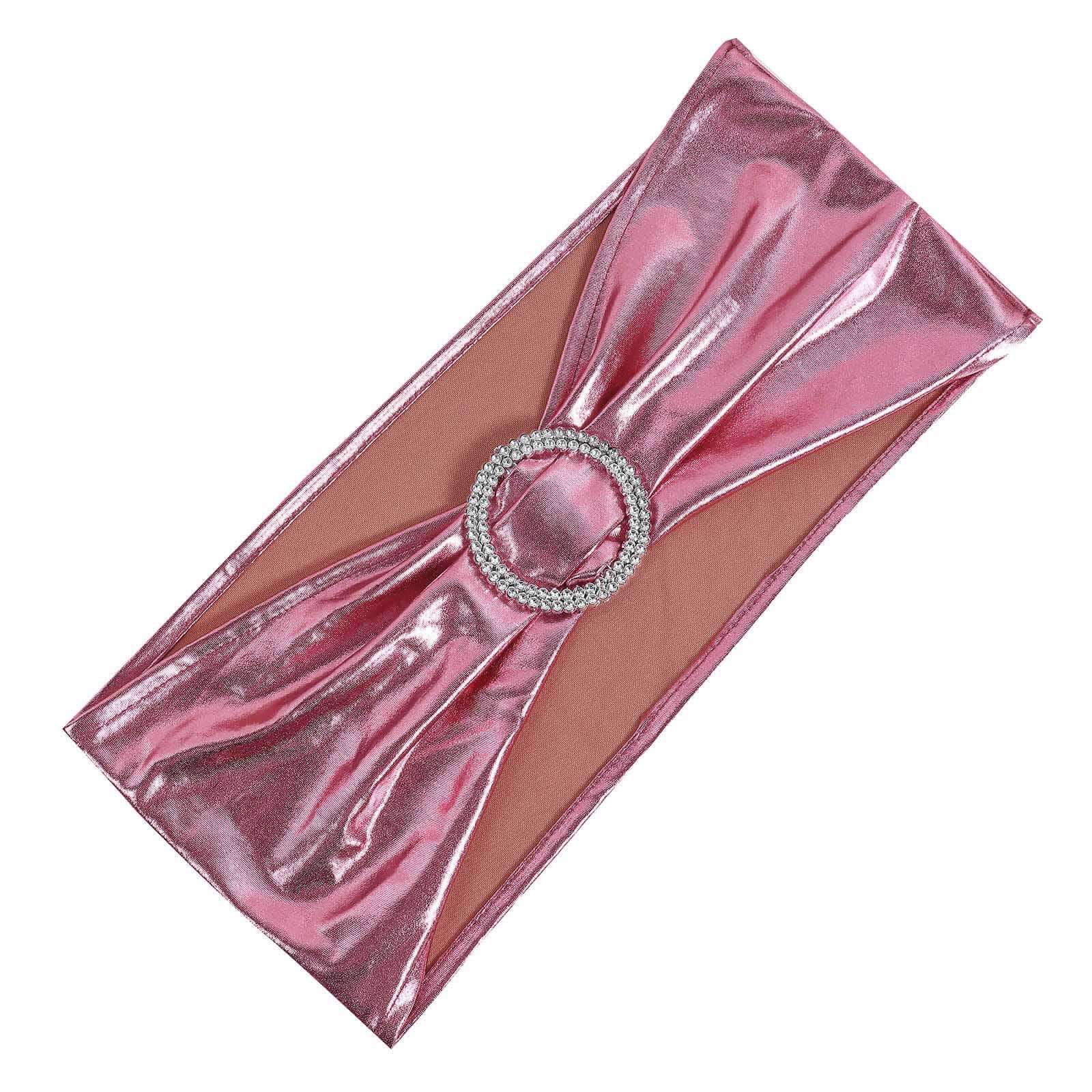 5 Pack Metallic Spandex Chair Sashes Rose Gold - Stretch Fit Chair Bands With Round Diamond Buckles