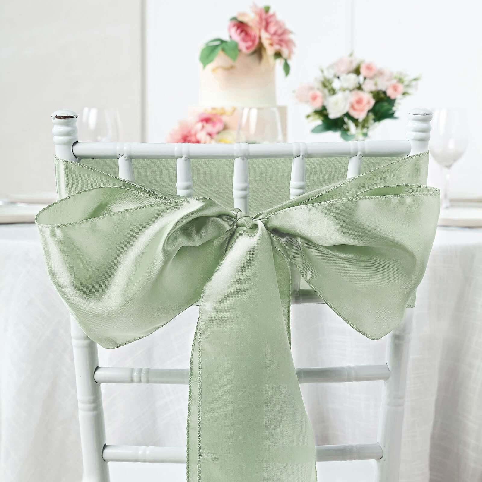 5 Pack Satin Chair Sashes Sage Green - Durable Chair Bows with Shiny Finish 6"x106"