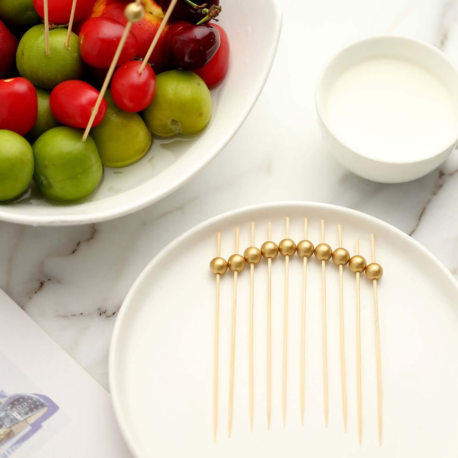 100-Pack Bamboo Cocktail Picks Gold Pearl Decorative Top Design - Eco Friendly Stir Sticks 4.5"