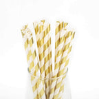 25-Pack Paper Straws White/Gold Striped - Stylish Disposable Straws for Drinks 8"