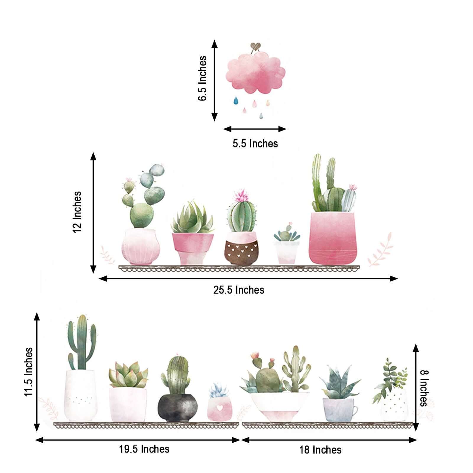 Succulent Potted Plants on Shelf Wall Decals, Peel and Stick Decor Stickers