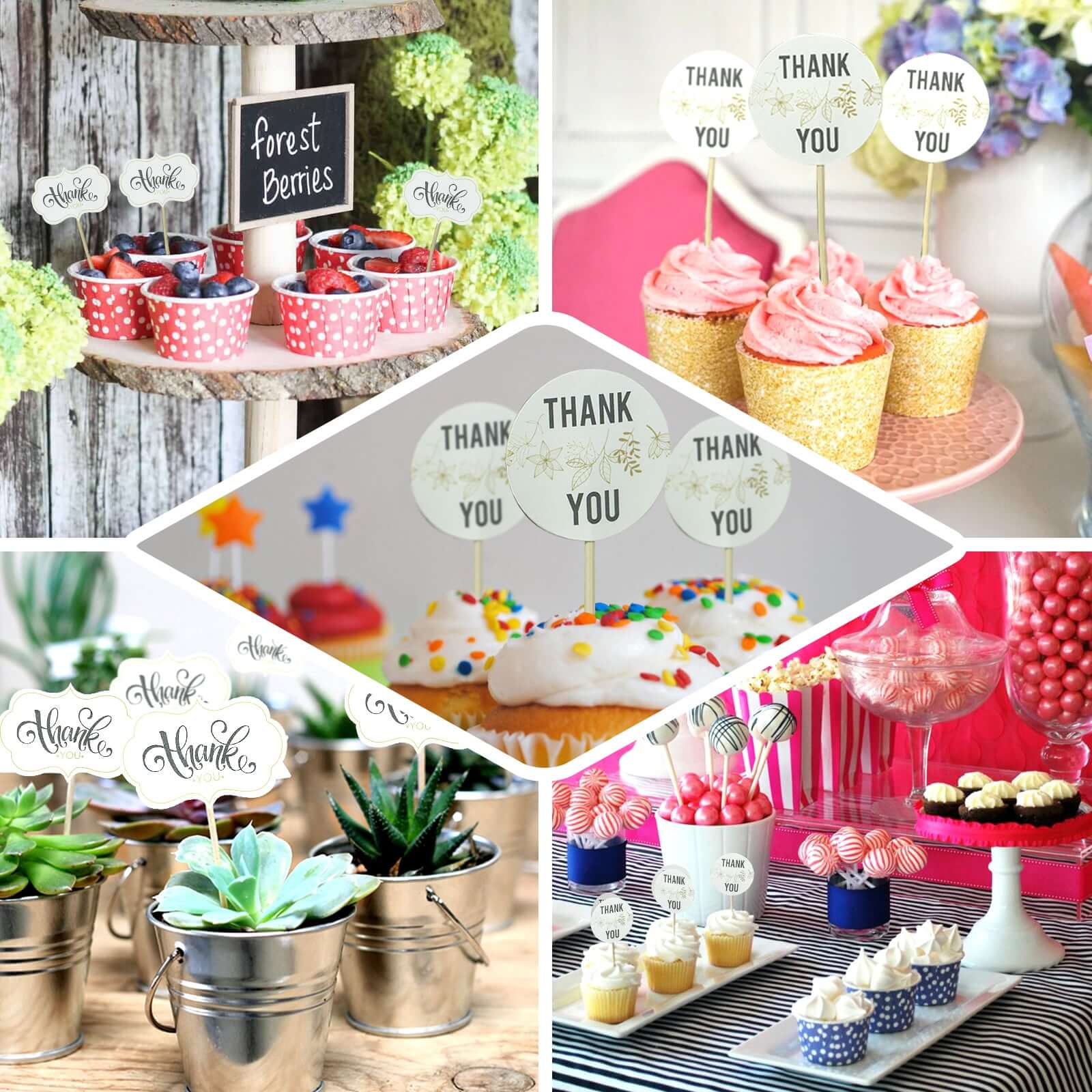 50-Pack Bamboo Cupcake Toppers Thank You Tag Round Design - Decorative Top Cocktail Picks 5.5"
