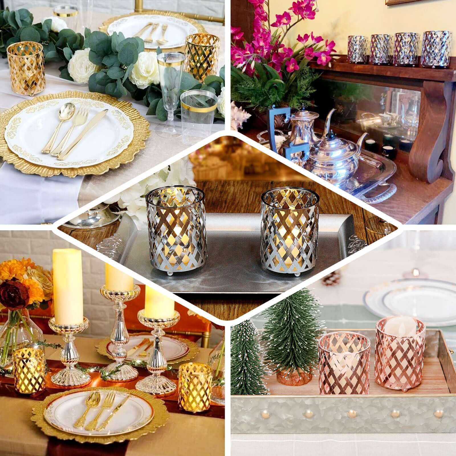 2-Pack Votive Candle Holders Gold Metal Diamond Cut Geometric Design - Perfect for Home DÃ©cor and Events 4"