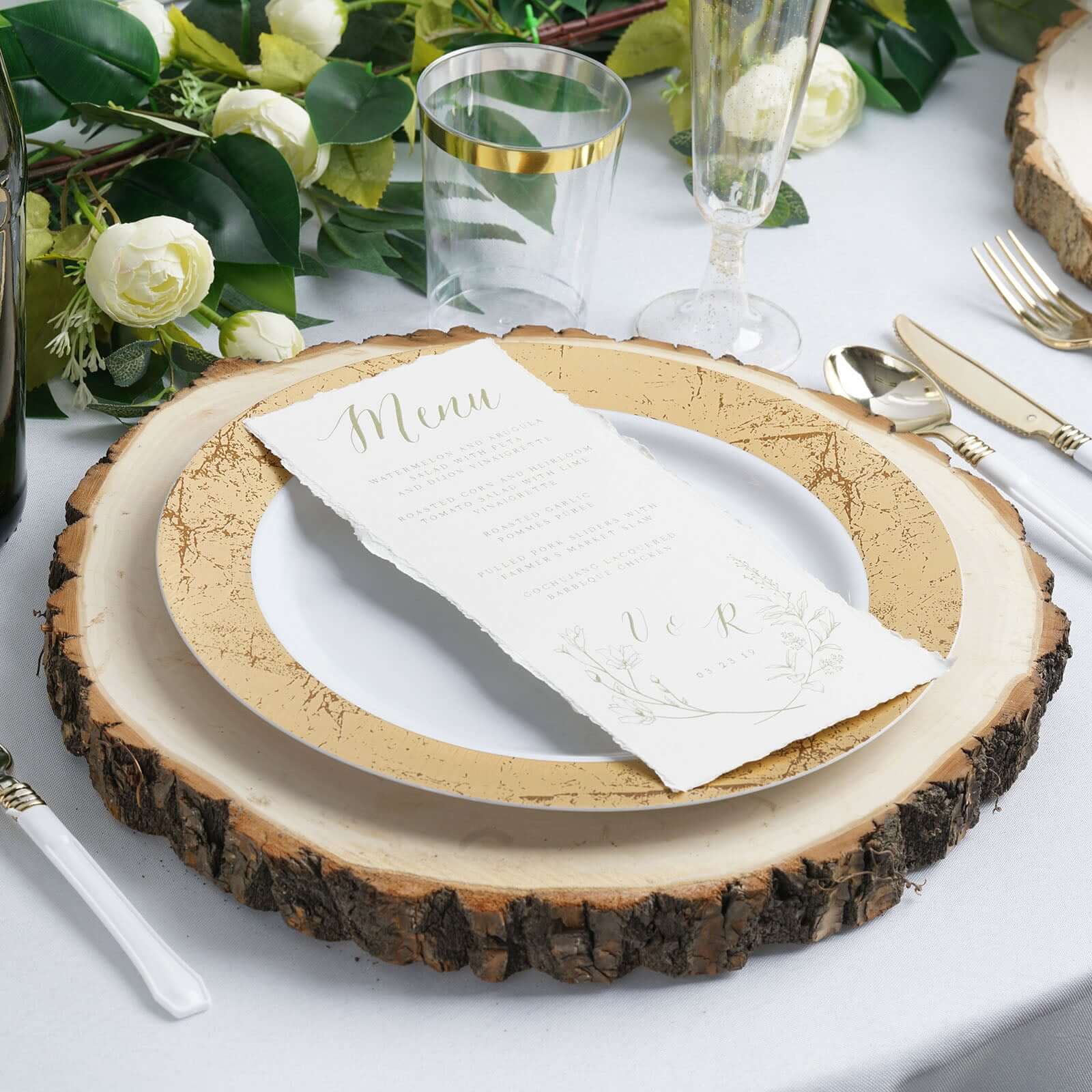15" Dia Natural Wood Charger Plates With Bark Edge Wood Slice Chargers Rustic Wedding Table Settings