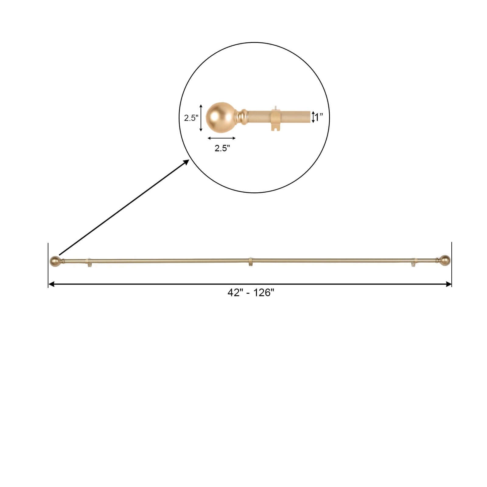 42"-126" Adjustable Curtain Rod Set, Gold, Round Finials