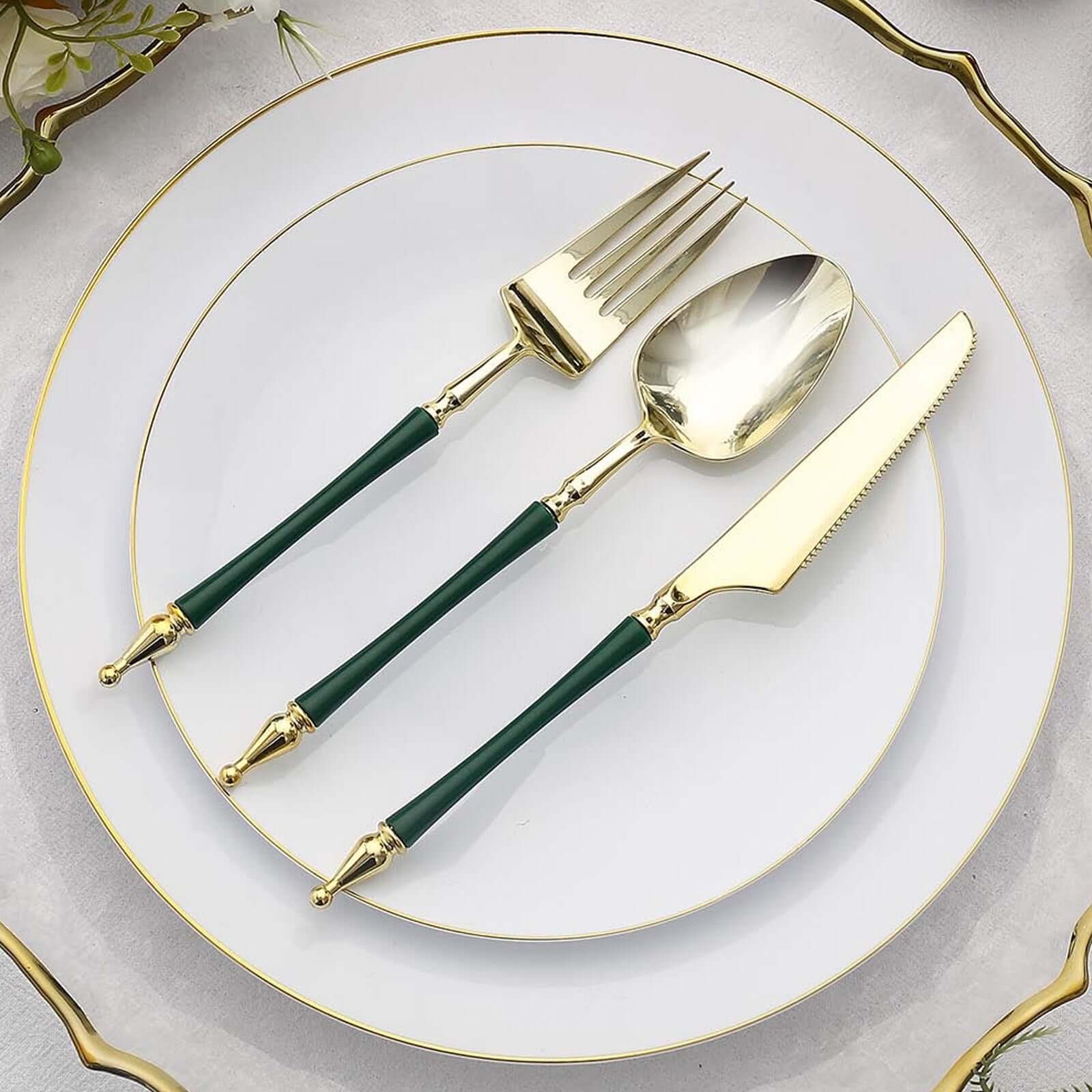24-Pack Plastic Utensil Set with Roman Column Handle Gold/Hunter Emerald Green - Disposable Silverware