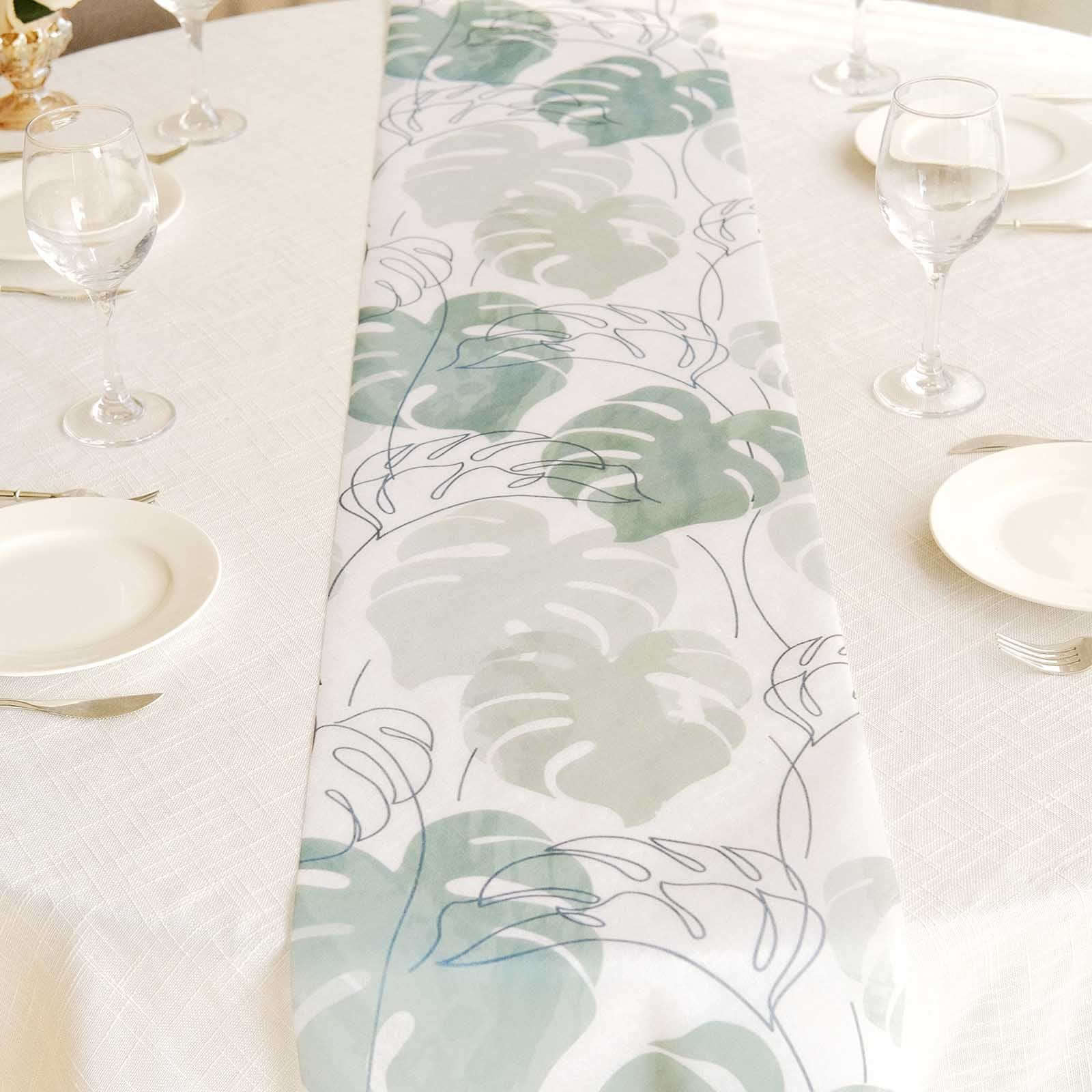 Disposable Table Runner 11"x108" White with Green Monstera Palm Leaves Print - Non - woven Stylish Spring Summer Dining Decor - Bell Racket Store