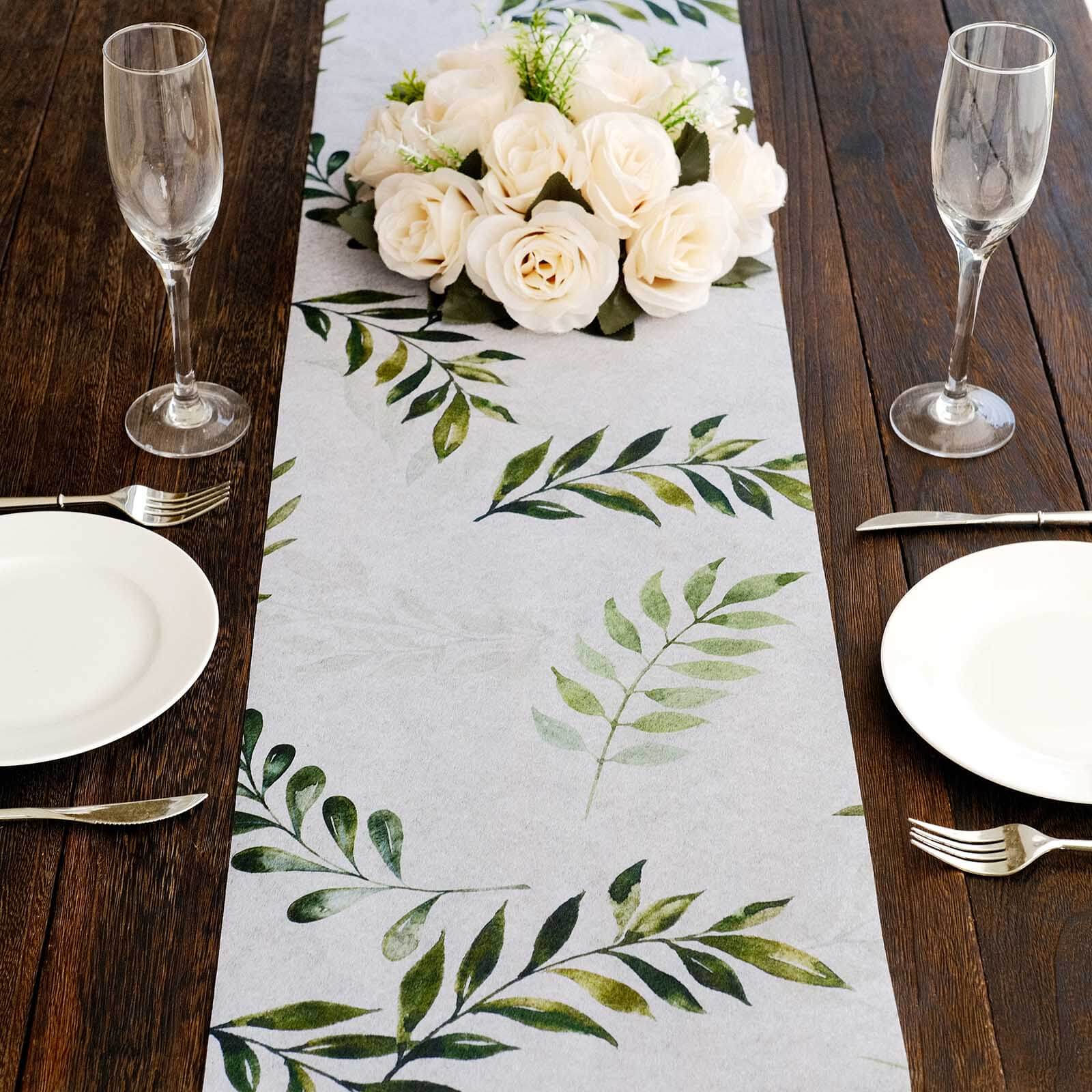 Disposable Table Runner 11"x108" White with Green Olive Leaves Print - Non - woven Stylish Spring Summer Dining Decor - Bell Racket Store