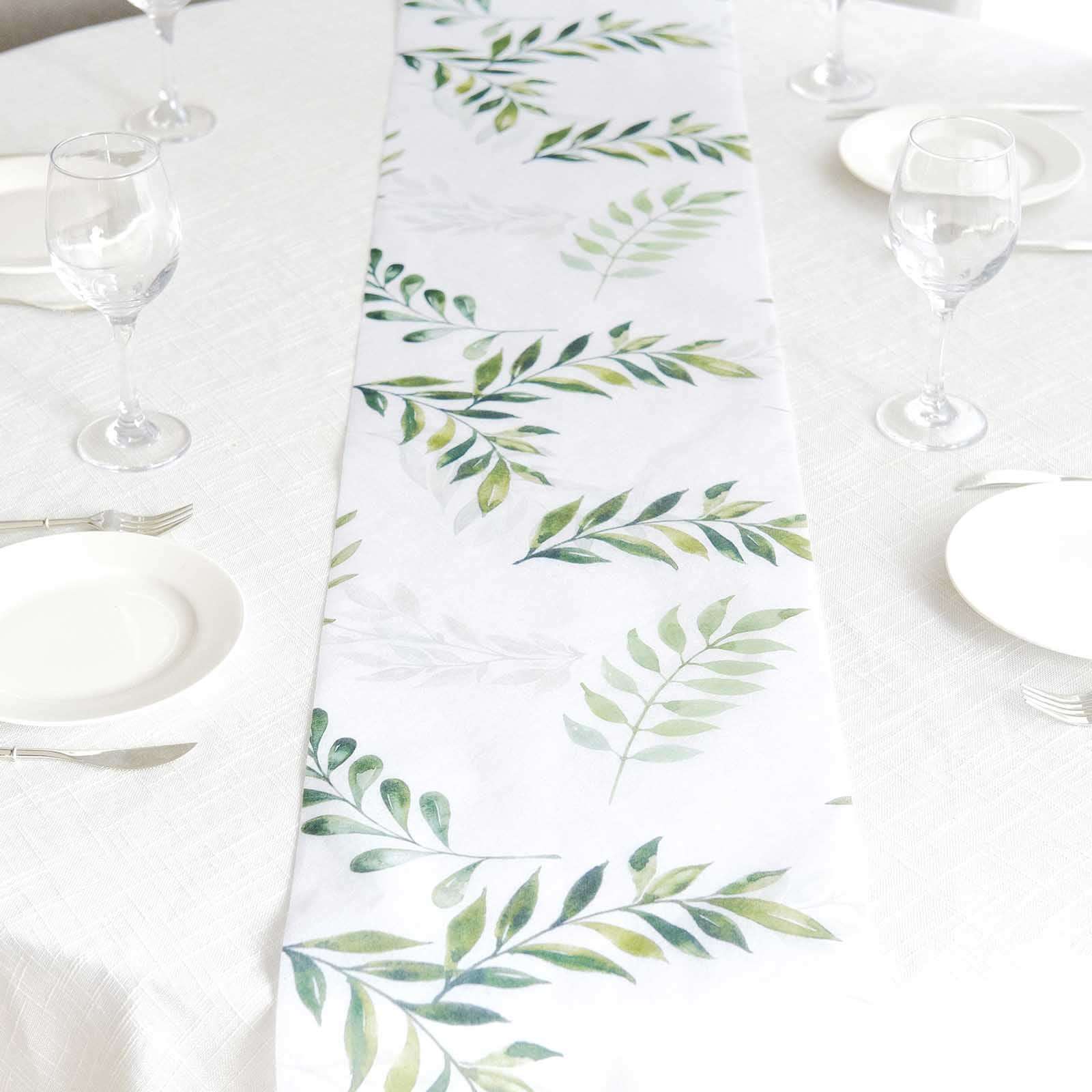 Disposable Table Runner 11"x108" White with Green Olive Leaves Print - Non - woven Stylish Spring Summer Dining Decor - Bell Racket Store