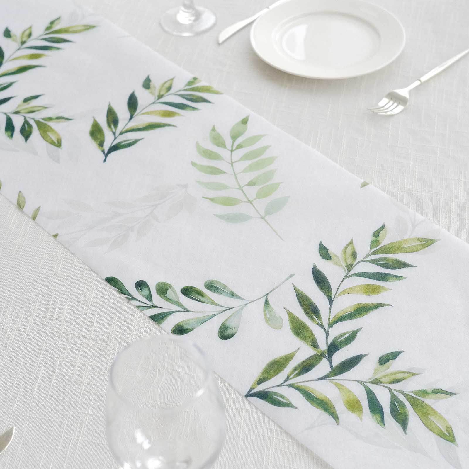 Disposable Table Runner 11"x108" White with Green Olive Leaves Print - Non - woven Stylish Spring Summer Dining Decor - Bell Racket Store