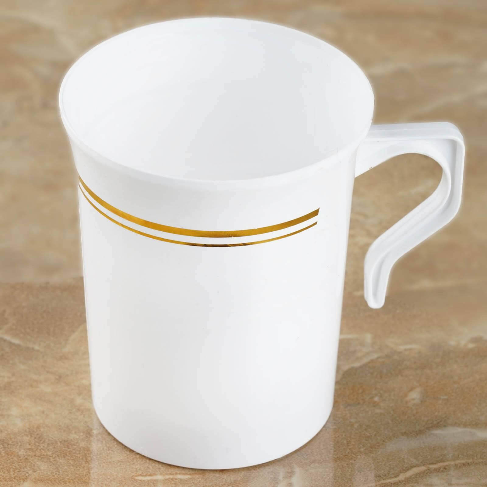 8-Pack Plastic Coffee Mugs White with Gold Stripes - Sturdy Disposable Cups for Coffee and Tea 8oz 4"