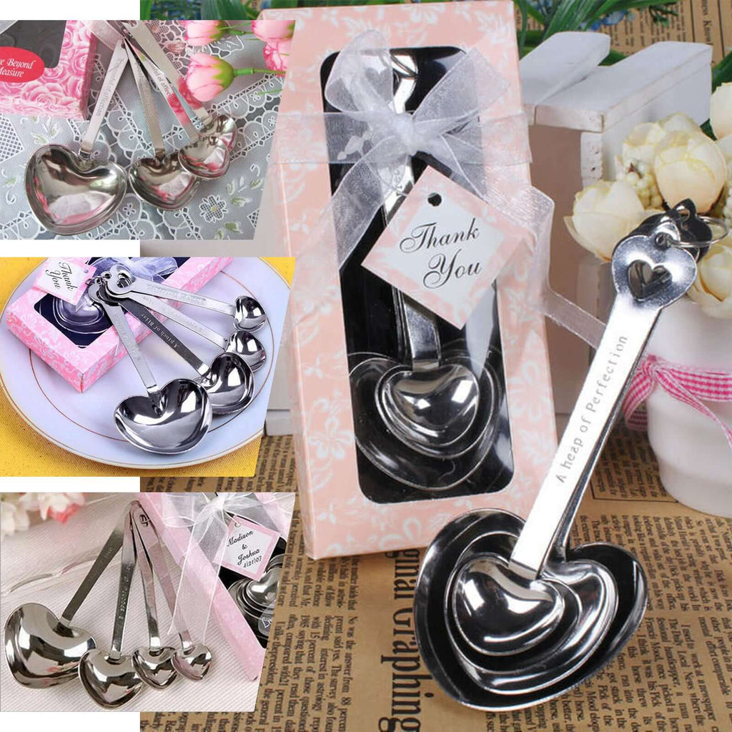 Set of 4 Engraved Silver Heart Measuring Spoon Wedding Party Favors Set, Free Gift Box & Thank You Tag Included