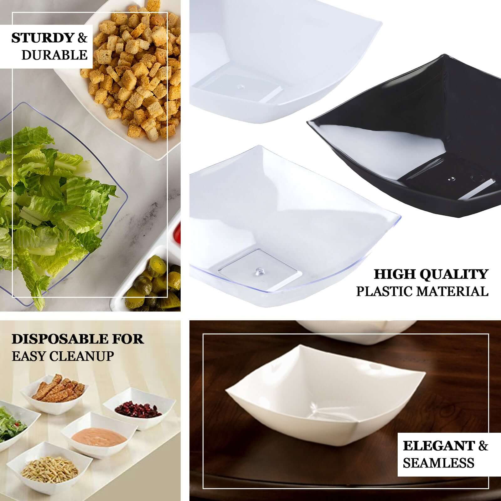 4-Pack Plastic Serving Bowls White Square - Lightweight Medium Disposable Dishes for Events 32oz