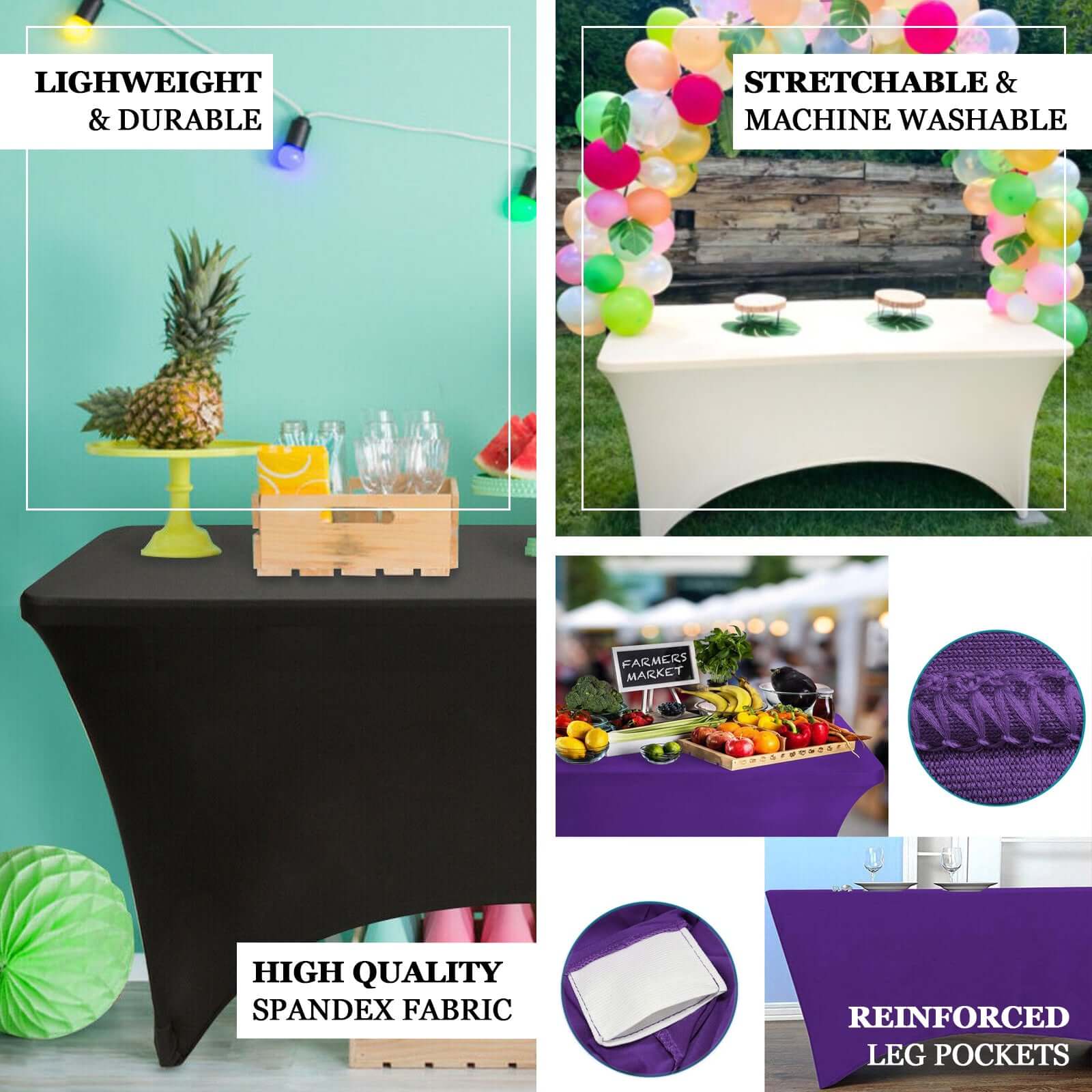 Stretch Spandex 96"x30" Rectangle Table Cover White - Durable Form-Fitting Tablecloth for Events & Presentations