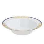 10-Pack Plastic Round Soup Bowl in White with Gold Vine & Royal Blue Rim - Sturdy Disposable Salad Dessert Bowls for Catering & Events 12oz