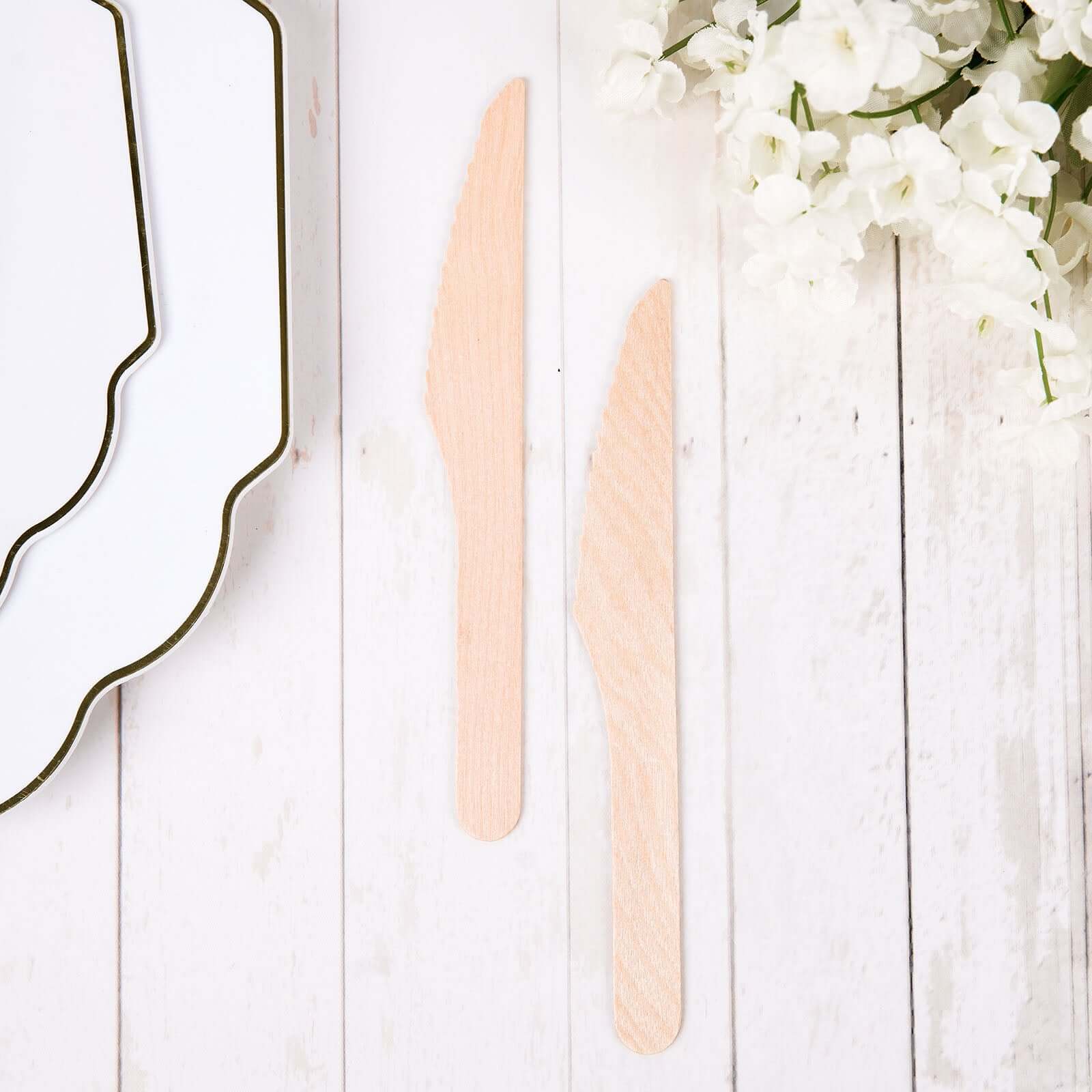 100-Pack Birchwood Knives Natural - Eco Friendly Biodegradable Wooden Utensils for Rustic Themes & Outdoor Parties 7"