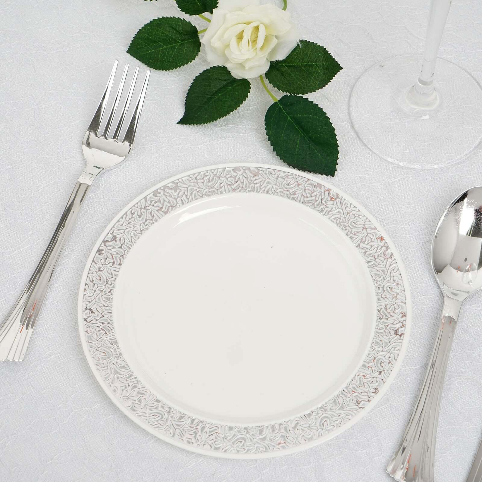 10-Pack Dessert Plates Lace Rim Design White with Silver - Plastic Disposable Appetizer Plates for Events 6"