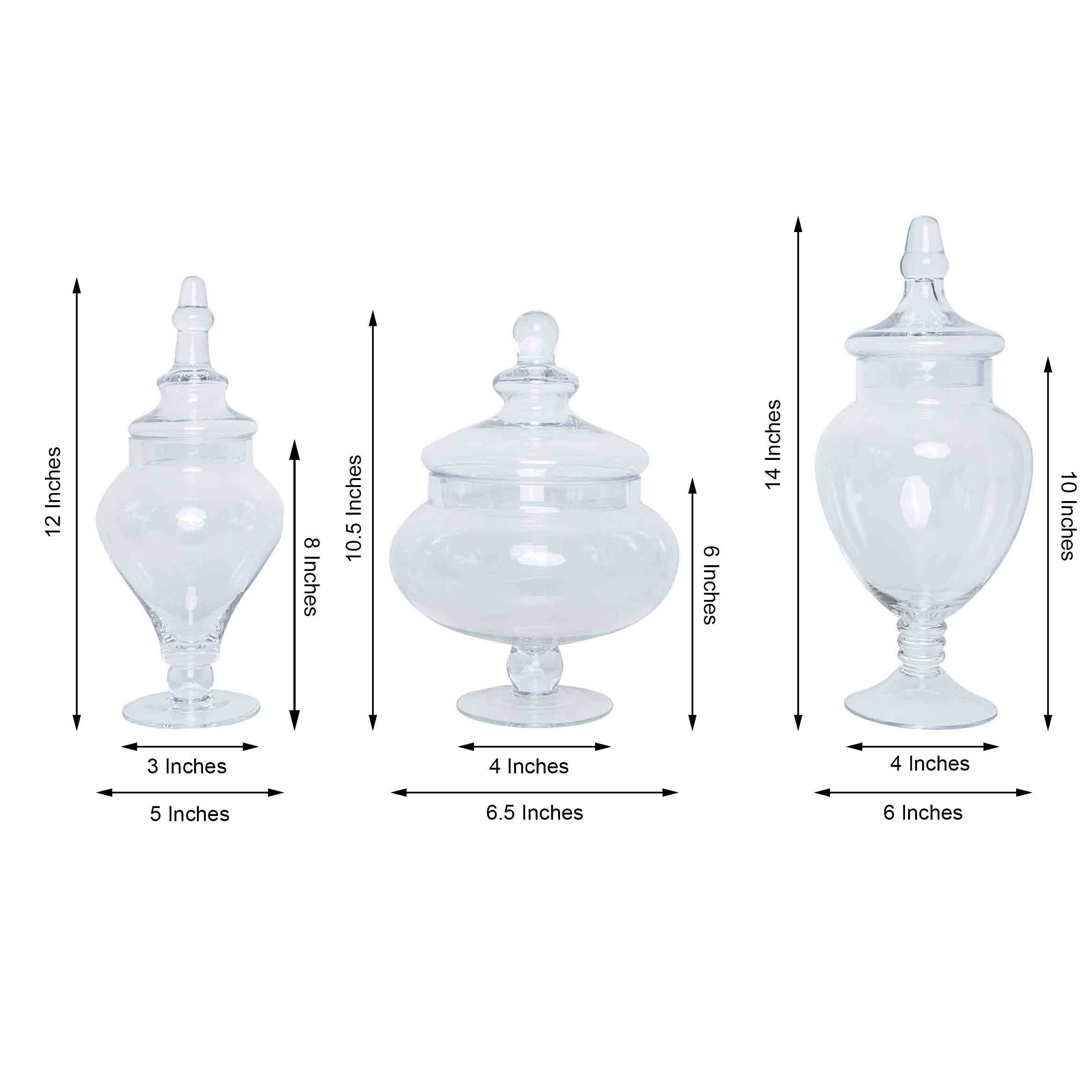 Set of 3 Glass Candy Jars Pedestal Apothecary Design Clear with Snap-On Lids - Stylish Party Favor Containers 10"/12"/14"