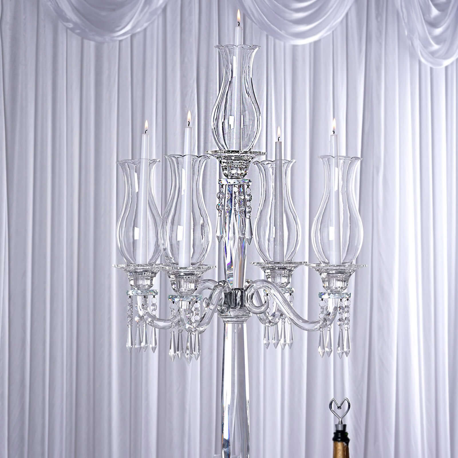 5 Arm Crystal Glass Taper Candle Holder Candelabra, Luxurious Table Centerpiece With Chandelier Chains 40"