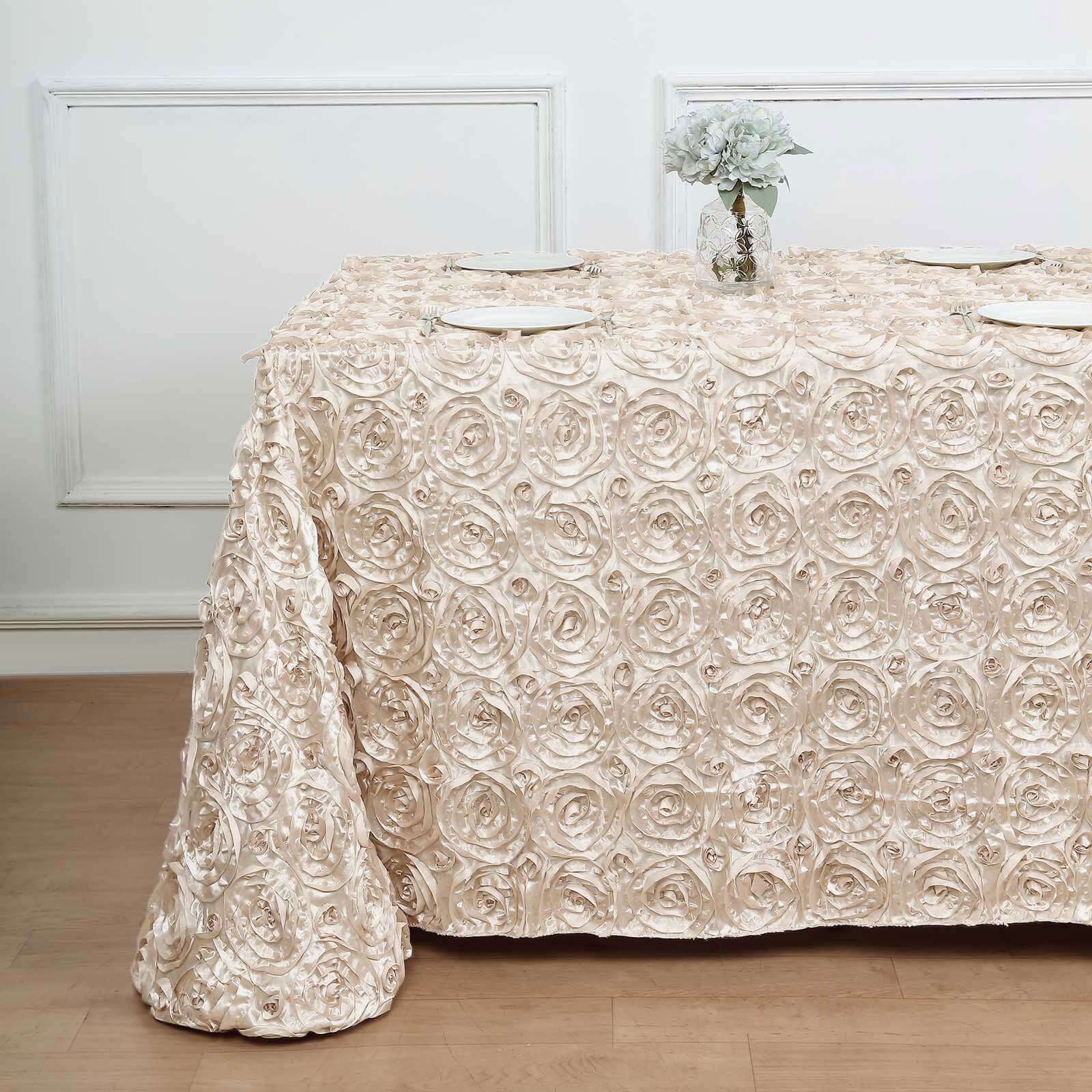 Satin 90"x132" Rectangle Tablecloth Beige - Grandiose 3D Rosette Seamless Table Cover