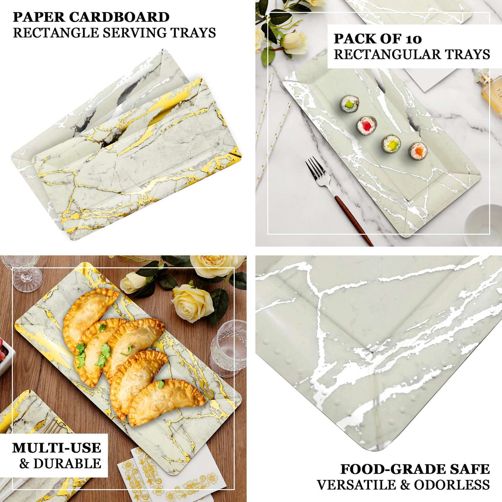 10-Pack Paper 16" Rectangle Serving Trays Black/Gold - Durable 1100GSM Disposable Food Platters with Modern Marble Design for Dessert Tables & Food Stations