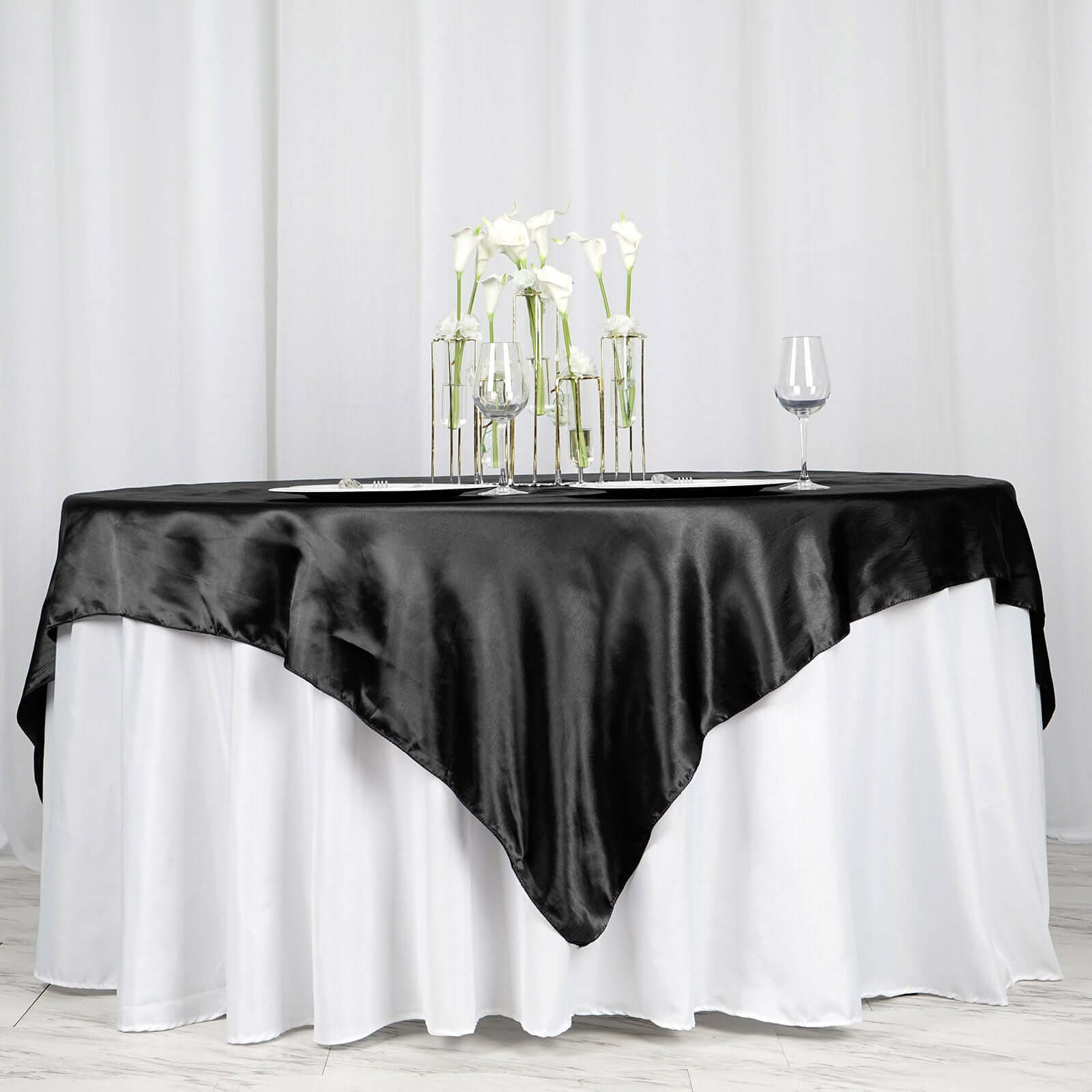 Satin 72"x72" Table Overlay Square Tablecloth Black - Smooth Finish for Luxurious Events