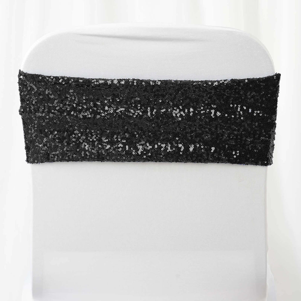 5 Pack Sequin Spandex Chair Sashes Black - Sparkly Stretch Chair Bands for Glamorous Events 6"x15"