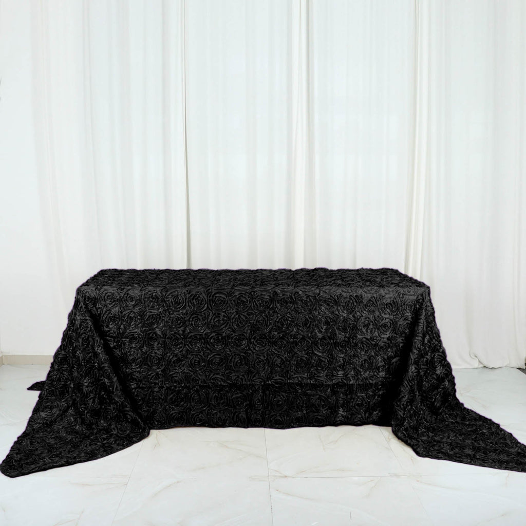 Satin 90"x156" Rectangle Tablecloth Black - Grandiose 3D Rosette Table Cover with Seamless Finish