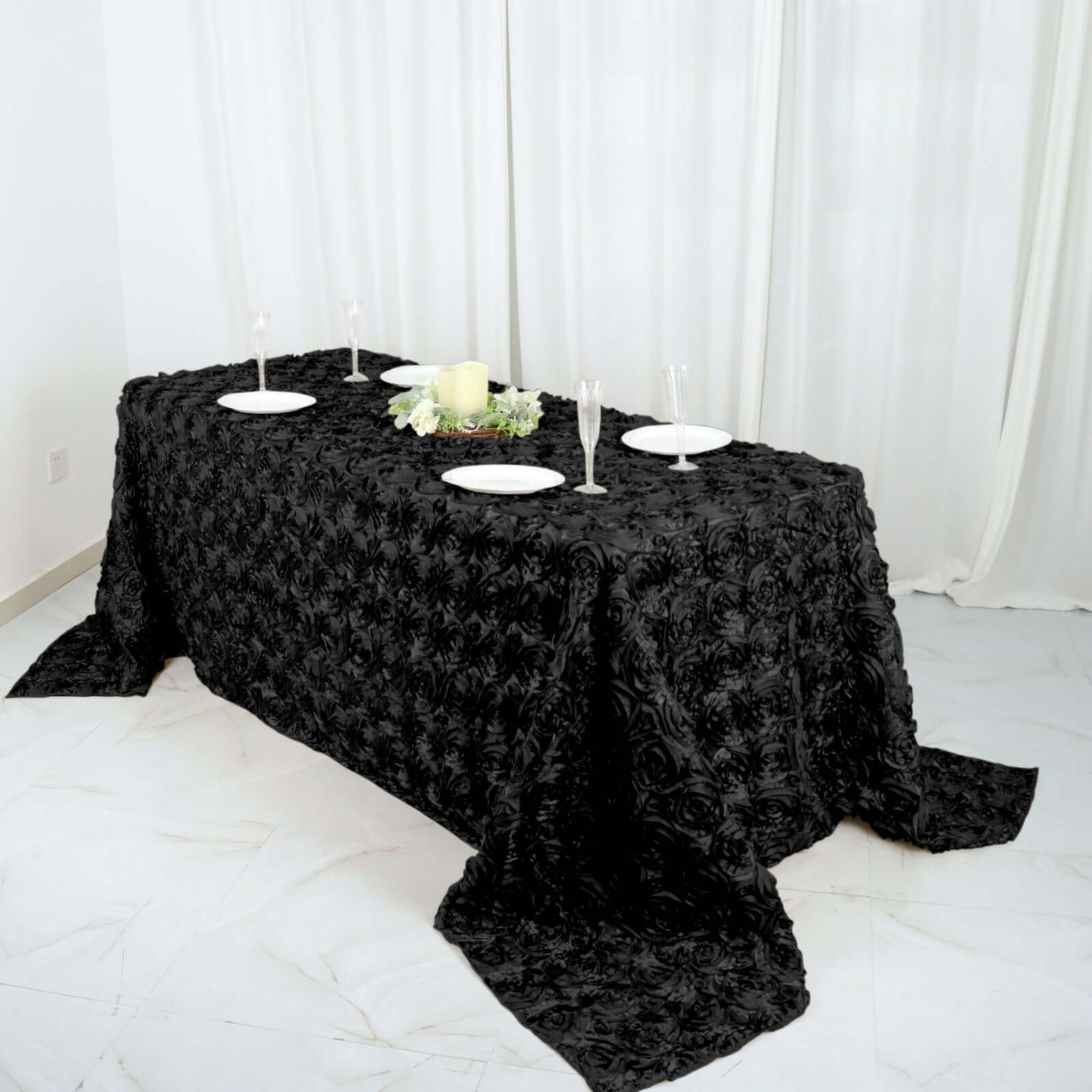Satin 90"x132" Rectangle Tablecloth Black - Grandiose 3D Rosette Design with Seamless Finish for Graceful Gatherings