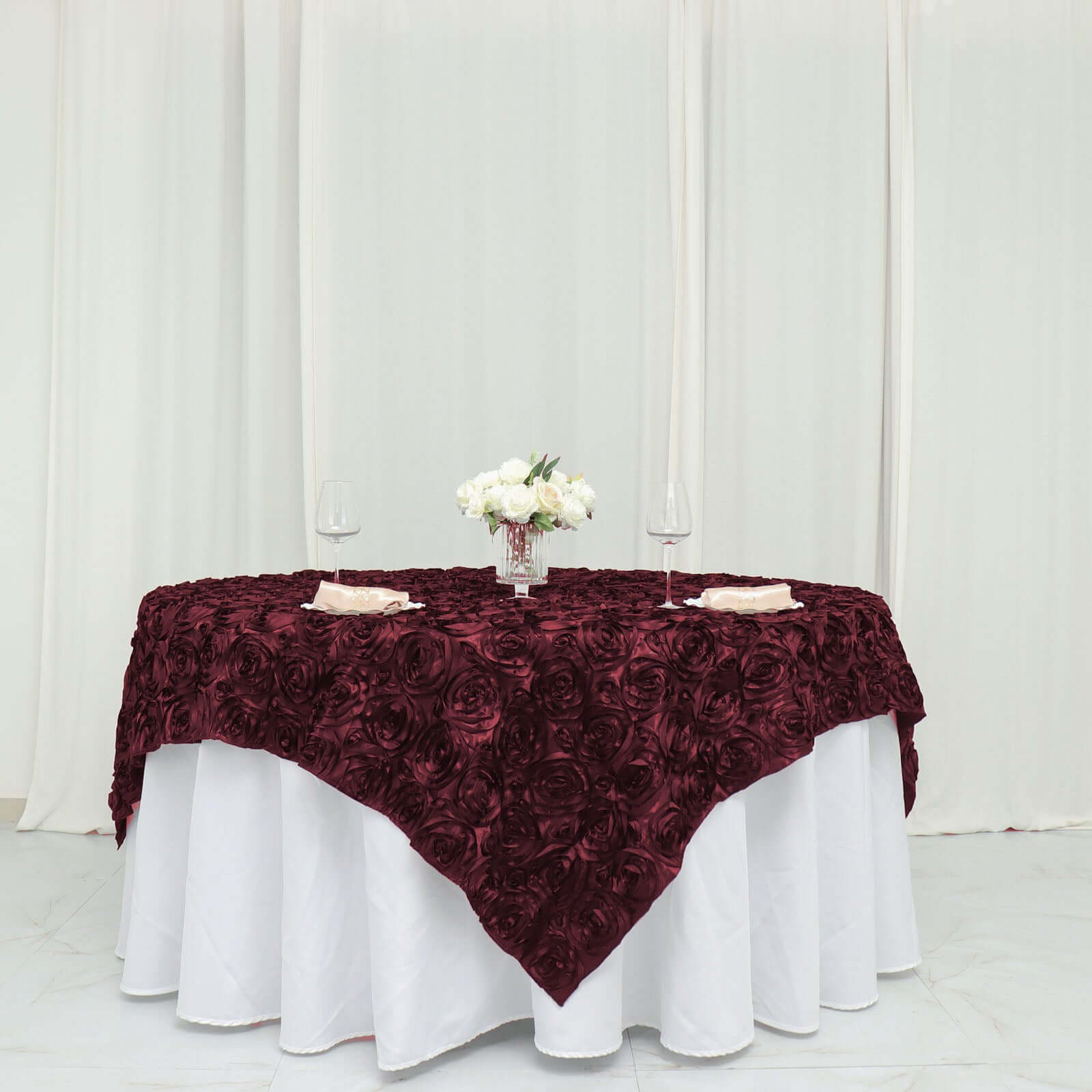Satin 72"x72" Table Overlay Square Tablecloth Burgundy - 3D Rosette Table Cover