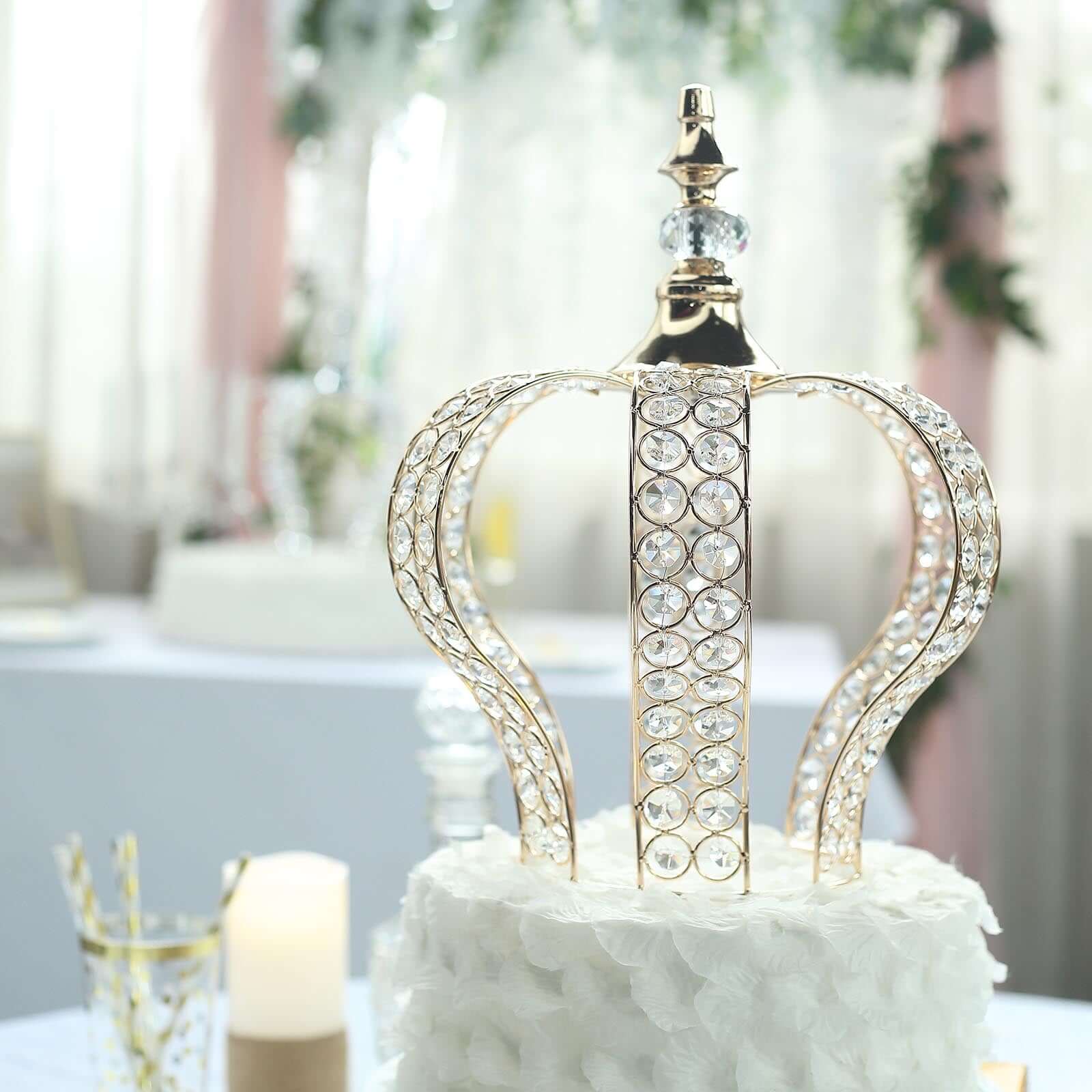 Crystal-Bead Royal Crown Cake Topper Metallic Gold - Dazzling Cake Centerpiece Decor for Luxurious Birthdays Receptions & Romantic Celebrations 14"