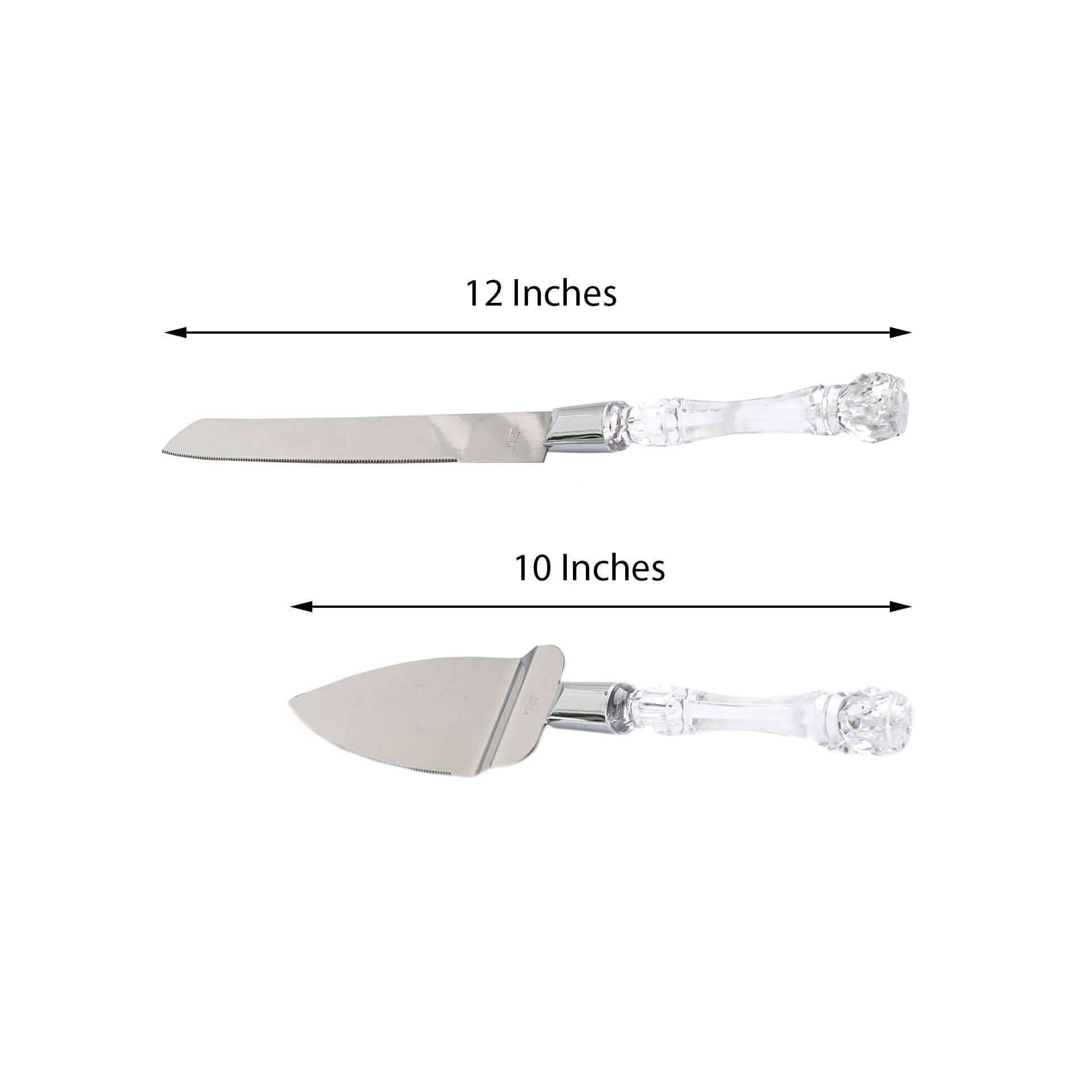 2 Set Knife and Server Stainless Steel with Clear Acrylic Handle - Party Favors with Gift Box 10" & 12"
