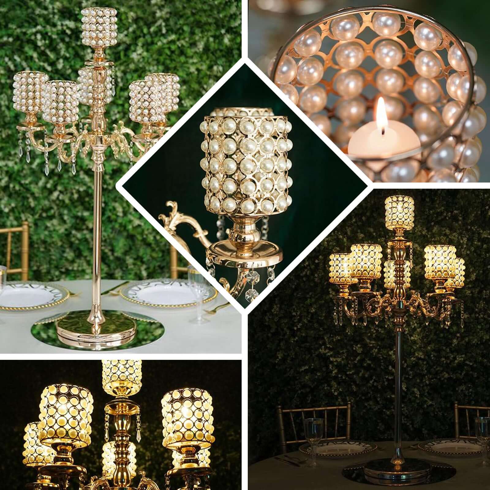 Metal Pearl Beaded Candelabra in Gold 6-Arm - Stylish Table Centerpiece with Crystal Chandelier Pendants