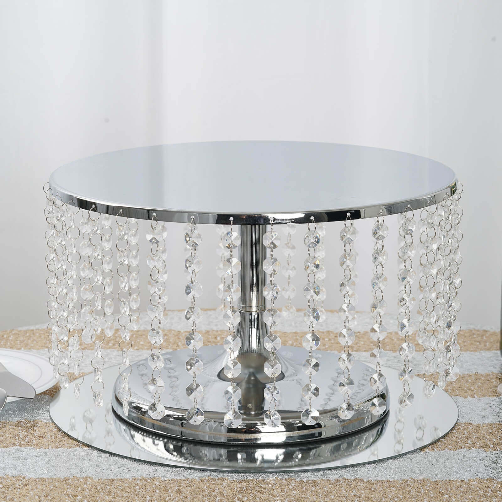 Metal Cake Stand Round Design Metallic Silver with Crystal Chains 14" Dia - Cupcake Dessert Pedestal 8" Tall