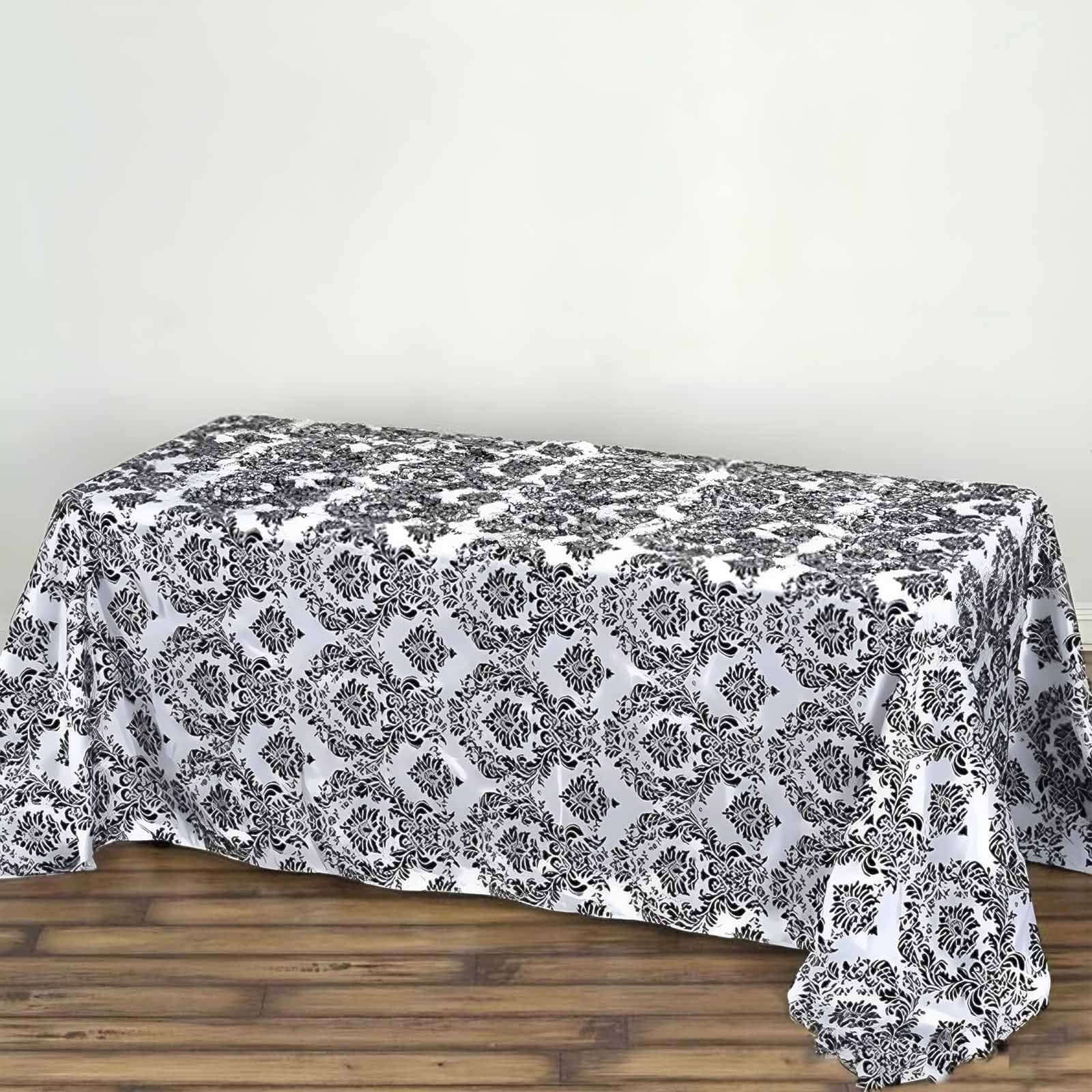 Taffeta 90"x132" Rectangle Tablecloth Black - Seamless Velvet Flocking Damask Design for Upscale Events