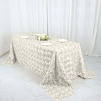 Satin 90"x132" Rectangle Tablecloth Ivory - Grandiose 3D Rosette Seamless Table Cover