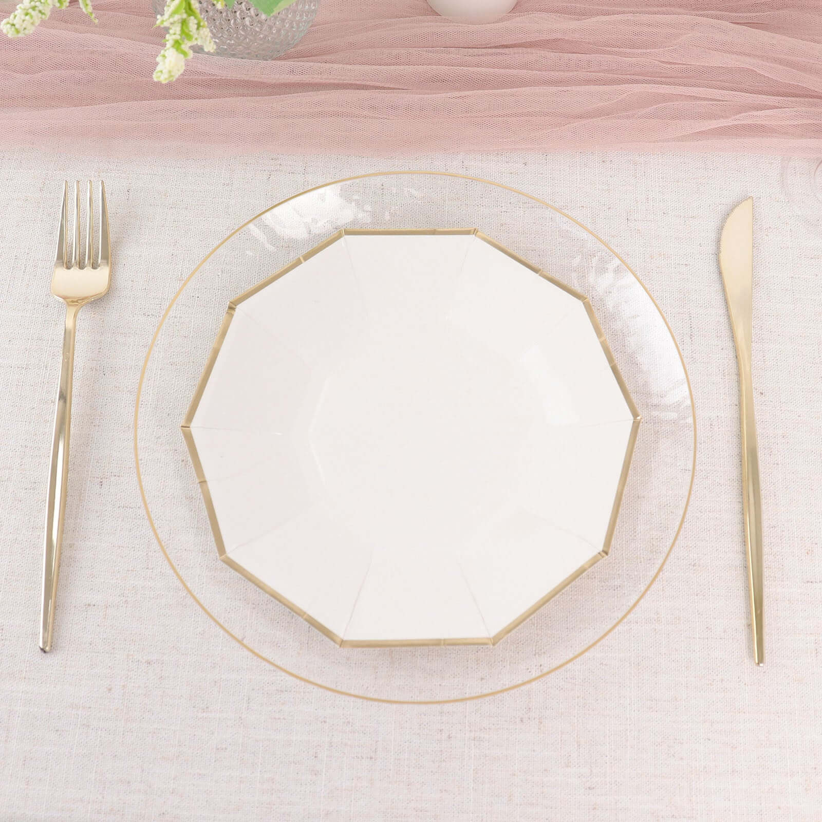 25-Pack Paper 7" Decagon Appetizer Plates in White with Gold Foil Rim - Stylish Geometric Dessert/Salad Plates for Cocktail Parties & Receptions