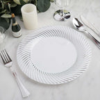 10-Pack Plastic 9" Round Dinner Plates White with Silver Swirl Rim - Disposable Party Plates