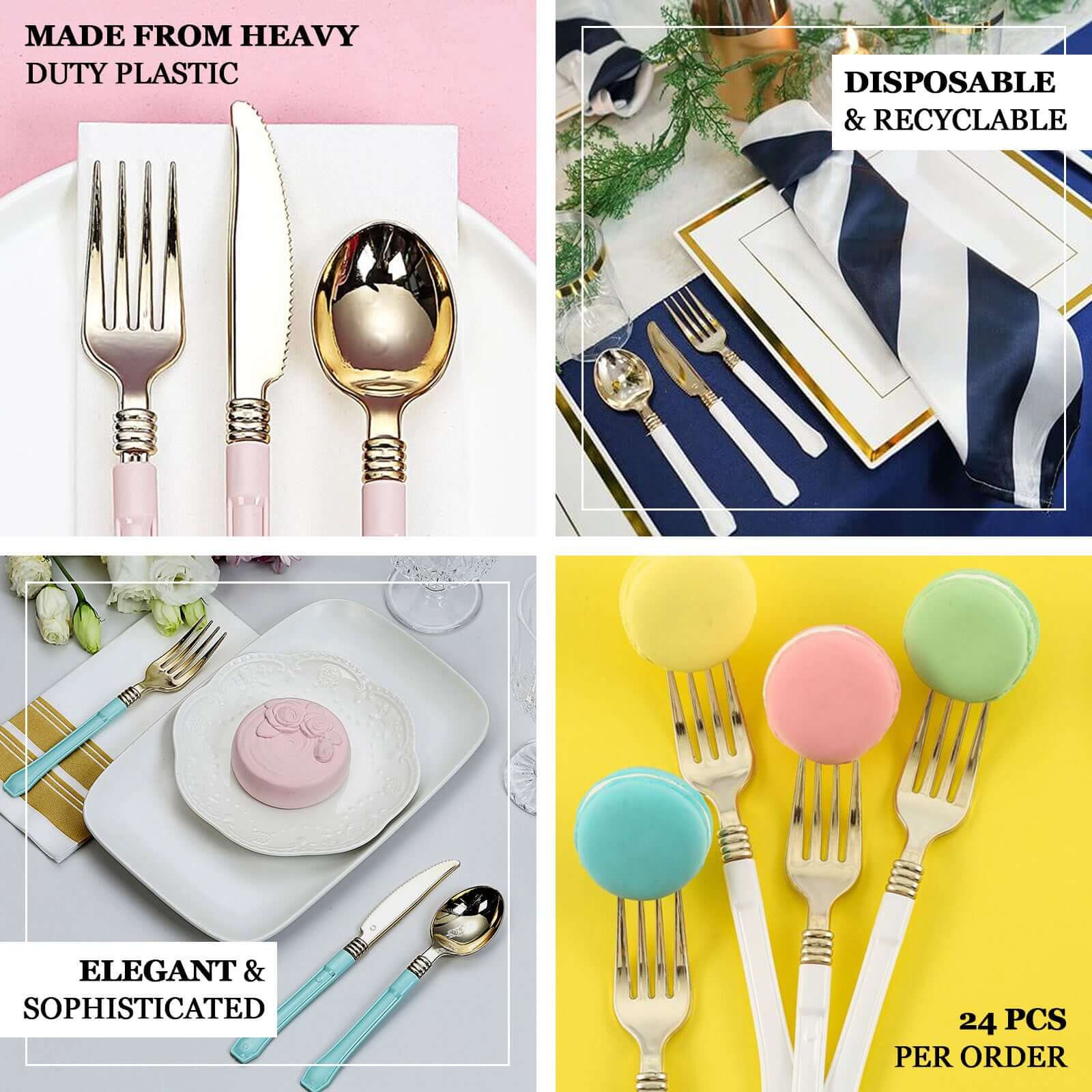 24-Pack Plastic Forks Gold with White Handles - Durable Food Safe Disposable Silverware for Lunch Buffets & Catering Services 7"