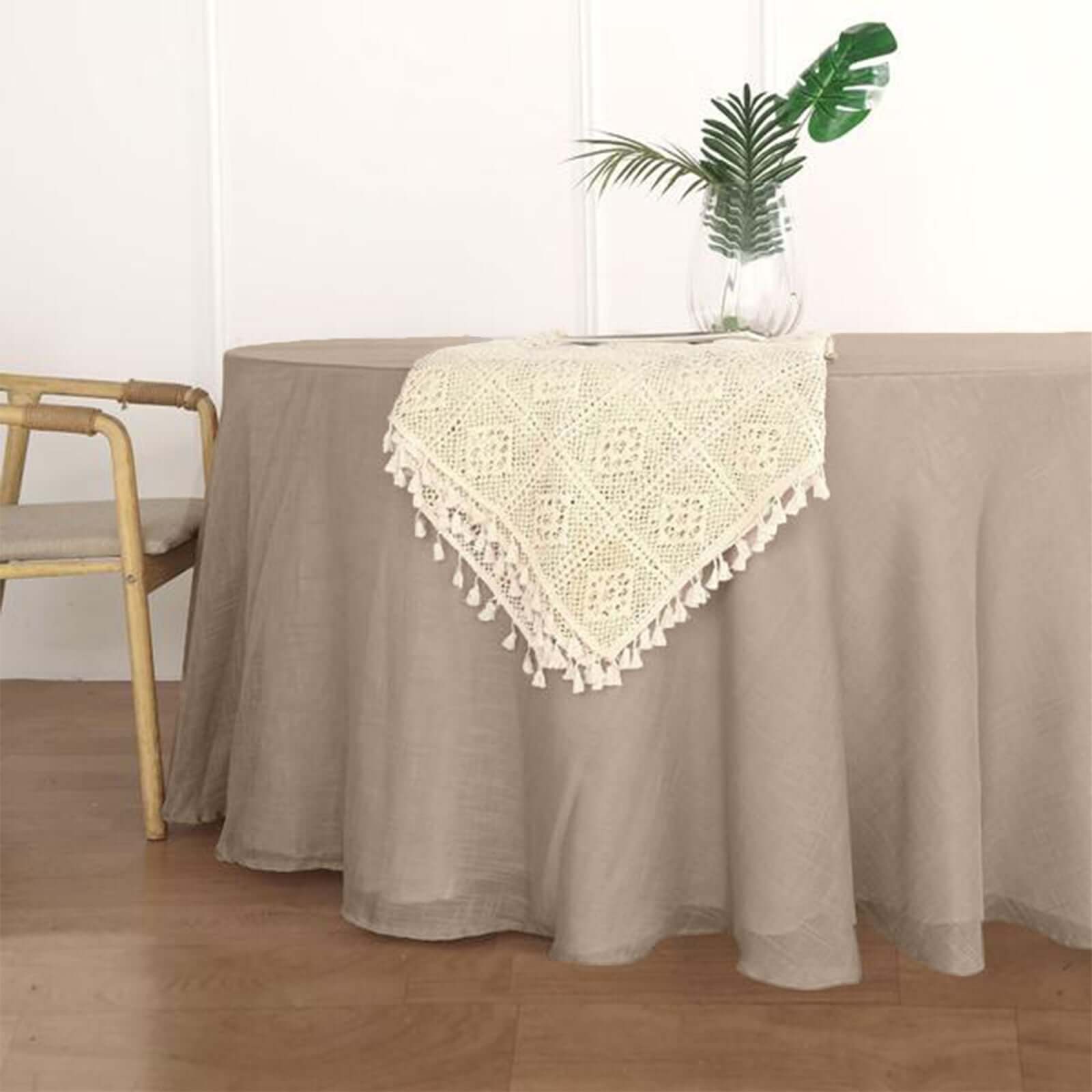 Faux Linen 120" Round Tablecloth Taupe - Slubby Texture Wrinkle-Resistant Seamless Table Cover