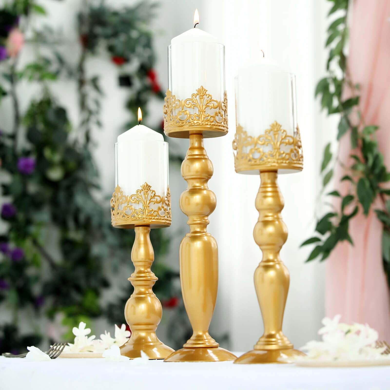 Set of 3 Lace Hurricane Candle Holders Antique Gold with Glass Shades - Chic Pillar Candle Stands 12", 14", 17"