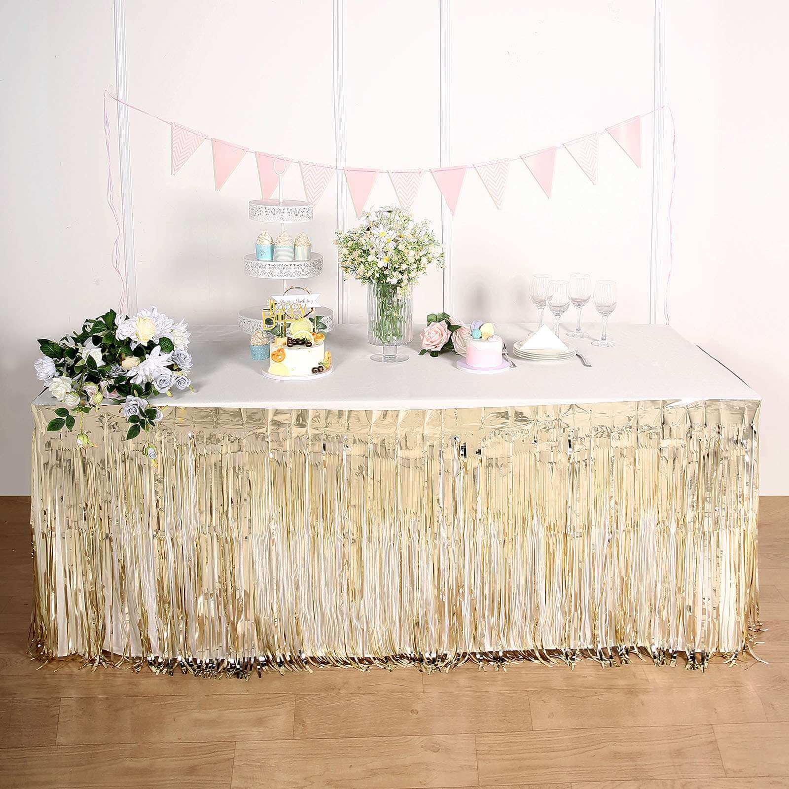 Metallic Foil Fringe Table Skirt Champagne with Self Adhesive Backing - Durable Tinsel Skirt for Parties 30"x9ft
