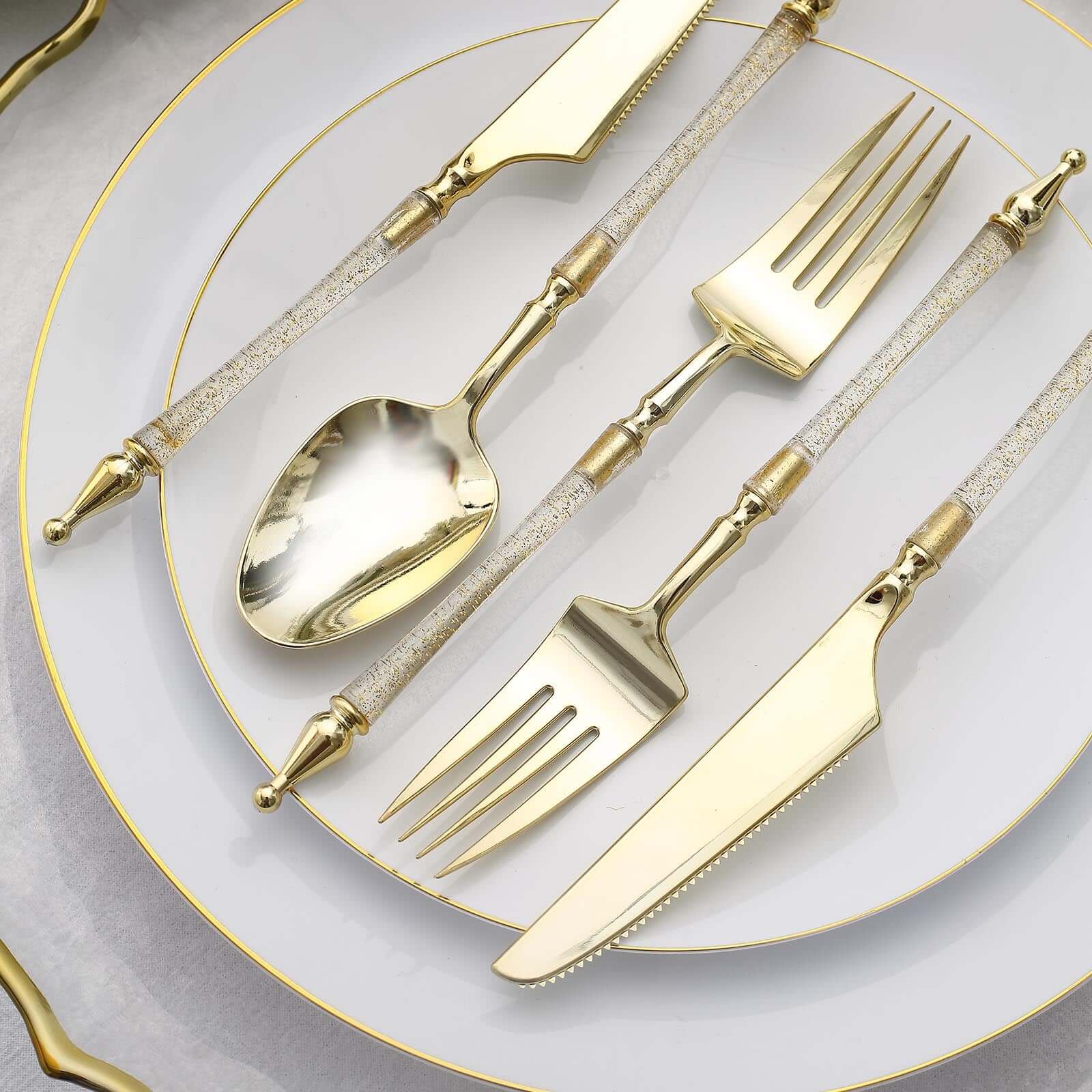 24-Pack Plastic Utensil Set with Roman Column Handle Gold/Clear - Glittered Disposable Silverware